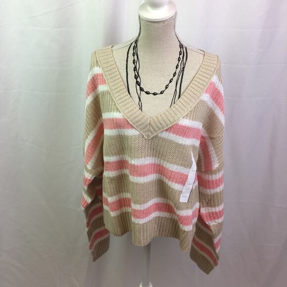 Wild Fable V Neck Striped Knit Sweater Tan Pink L - Picture 2 of 12